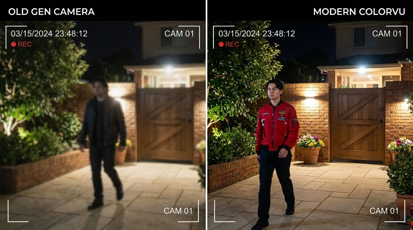 Night image comparison: left is a noisier, softer previous-generation image; right is the sharp, saturated color of ColorVu 3.0