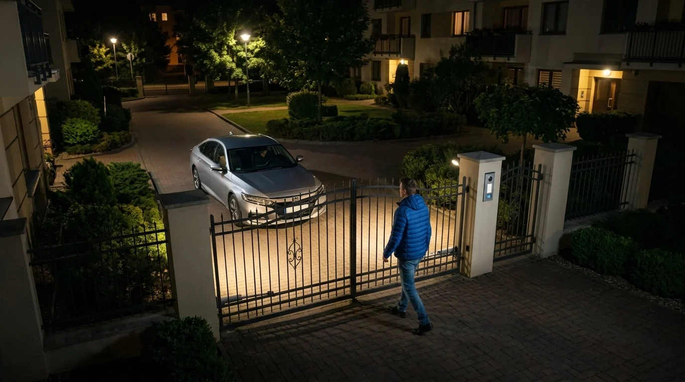 Courtyard entrance at night: warm white light switches on as a person and car approach, everything visible in color
