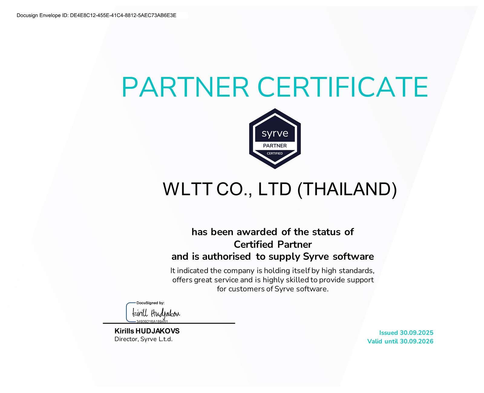 Актуальный сертификат Syrve Certified Partner на 2025–2026 годы — WLTT Co., Ltd. (Thailand), ежегодное подтверждение статуса